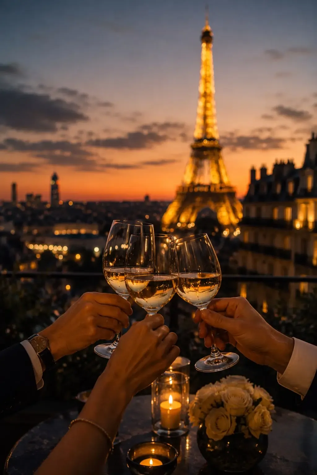 Toasting with a view of the Eiffel Tower at dusk